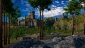 3d rendering of a landscape view with a large medieval castle on a hill surrounded by forest in the distance and rocks in the