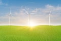 3d rendering. Landscape with wind turbine in green field over blue sky Royalty Free Stock Photo