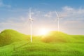 3d rendering. Landscape with wind turbine in green field over blue sky Royalty Free Stock Photo