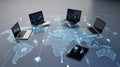3D rendering of laptops and a tablet connected to a world map with lines indicating global connectivity isolated Royalty Free Stock Photo