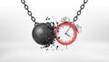 3d rendering of a large alarm clock swings on a metal chain and collides with a crumbling wrecking ball.