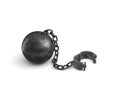 3d rendering of a large black ball and chain connected to an open cuff lying on white background. Royalty Free Stock Photo