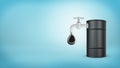 3d rendering of a large black barrel stands with a faucet in its side leaking large oil drops on a blue background.