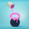 3d rendering of a large black iron kettlebell standing on a blue background under a paint can pouring purple liquid