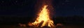 3d rendering of large bonfire with sparks and particles in front of forest and starry sky