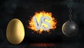 3d rendering of a large concrete letters VS on fire stand between a large golden egg and a black iron wrecking ball. Royalty Free Stock Photo