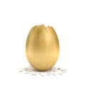3d rendering of a large golden egg with a broken off pointy top and small pieces of the shell lying on white background.