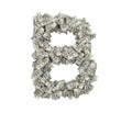 3d rendering of a large isolated large letter B made of one hundred dollar bills.