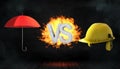 3d rendering of large letters VS on fire stand between an open red umbrella and a large yellow construction helmet. Royalty Free Stock Photo
