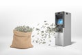 3d rendering of large money bag stands near a small bank ATM machine with dollar bills flying between them.