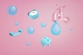 3d rendering of large pink water tap with a giant blue water drip falling from it near a piggy bank, a phone and an