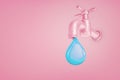 3d rendering of large pink water tap with a giant blue water drip falling from it on a pink background.