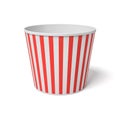 3d rendering of a large popcorn bucket with red and white stripes standing completely empty on a white background.