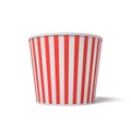 3d rendering of a large popcorn bucket with red and white stripes standing completely empty on a white background.