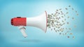 3d rendering of a large red and white megaphone in a side view with many dollar bills flying out of it on a blue