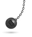 3d rendering of a large wrecking ball with a lettering DEBT swinging on a chain on white background. Royalty Free Stock Photo