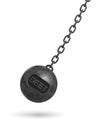 3d rendering of a large wrecking ball with a lettering DEBT swinging on a chain on white background. Royalty Free Stock Photo