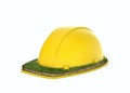 3d rendering of a large yellow construction hard hat with a lawn grass on its upper side of the rim.