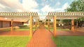 3D rendering of the lawn yard with lattice roofed walkway
