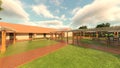 3D rendering of the lawn yard with lattice roofed walkway