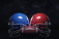 3d rendering of a leather ball standing between two American football helmets with face guards.