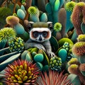 3D rendering of a lemur in a cactus garden.