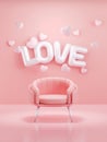 3d rendering. Letter L O V E pink heart and sofa on pink color background. for valentine and mother day