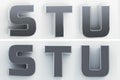 3d rendering of the letters S, T, U in blushed metal of a white isolated background. 3D render. Royalty Free Stock Photo