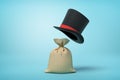 3d rendering of light-brown canvas money sack and big black tophat floating in air above it on light blue background.