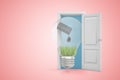 3d rendering of light bulb with black oil barrel pouring oil on green grass in white open doorway on light pink