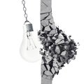 3d rendering light bulb, demolishing wall smithereens, concept of creative thinking and innovation.