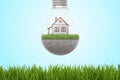 3d rendering of light bulb with house on green lawn and with gravel road inside, hanging above green grass on light blue