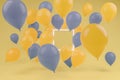 3d rendering of lighten square frame covered by blue and yellow balloons Royalty Free Stock Photo