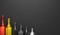3D rendering line up of chess piece on different podium level on black background