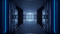 3D rendering of linear blue and gray lights and a cube in the center - futuristic concept