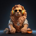 3D rendering lion figure statue with sunglasses and headphone