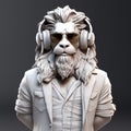 3D rendering lion figure statue white mable with sunglasses and headphone