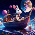 3d rendering of a little white rabbit on a boat with planets in the background AI Generated