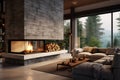 3d rendering of living room with fireplace in modern house with mountain view. ia generated Royalty Free Stock Photo