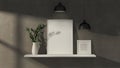 3D rendering, loft interior home design, white shelf on loft wall with mock-up photo frames, plant vase and lamp