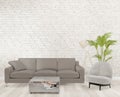 loft living room with gray sofa ,lamp, tree, brick wall, mock up Royalty Free Stock Photo