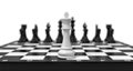 3d rendering of a lone white chess king stands on a chess board with black figures looming in the blurred background. Royalty Free Stock Photo