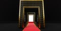 a long red carpet between rope barriers with stair and door at the end