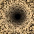 3d rendering of lots of brown cardboard boxes viewed from above, forming a deep dark pit or tunnel.