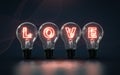 3d rendering love text glow inside light bulb