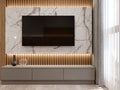 3D rendering of low cabinet with TV on white marble wall Royalty Free Stock Photo