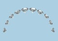 3d rendering. Luxurious diamonds row in half circle round line with clipping path isolated on copy space blue background Royalty Free Stock Photo