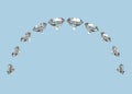 3d rendering. Luxurious diamonds row in half circle round line with clipping path isolated on copy space blue background Royalty Free Stock Photo