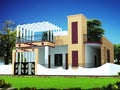 3D rendering of a luxurious house exterior design with a rooftop terrace Royalty Free Stock Photo