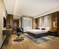 3d rendering luxury bedroom suite in resort high rise hotel with working table